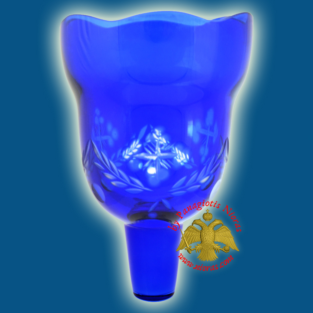 Orthodox Carved Romanian Glass Votive Cross with Standing Poll in Blue Clear Colour