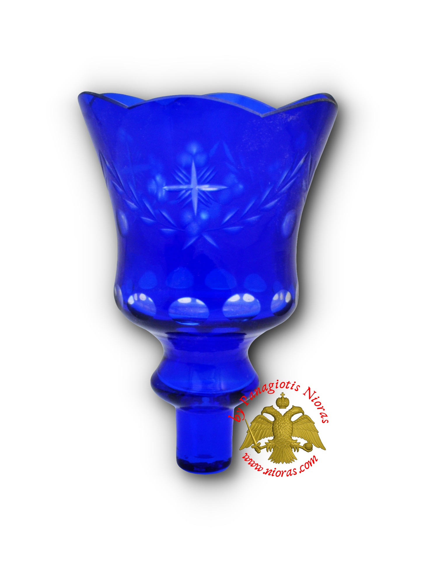 Louserna Orthodox Carved Cross Glass Votive Cup with Poll - Blue Colour H:14.5cm