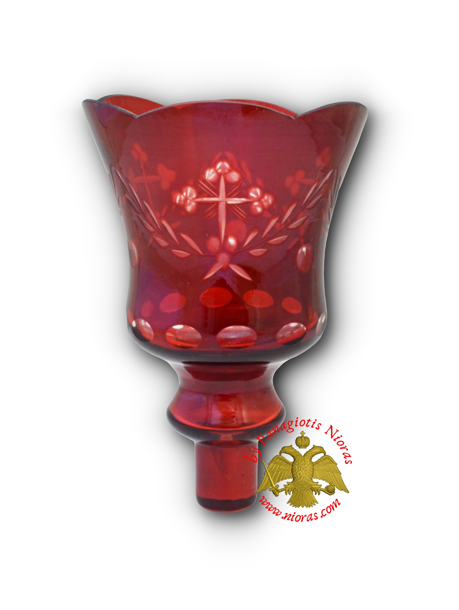 Louserna Orthodox Carved Cross Glass Votive Cup with Poll - Red Colour H:14.5cm