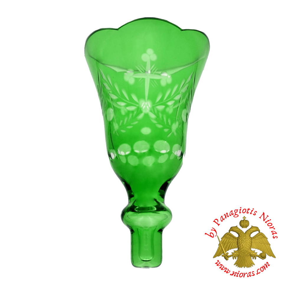 Louserna Orthodox Carved Cross Glass Votive Cup with Poll - Green Colour H:16.5cm