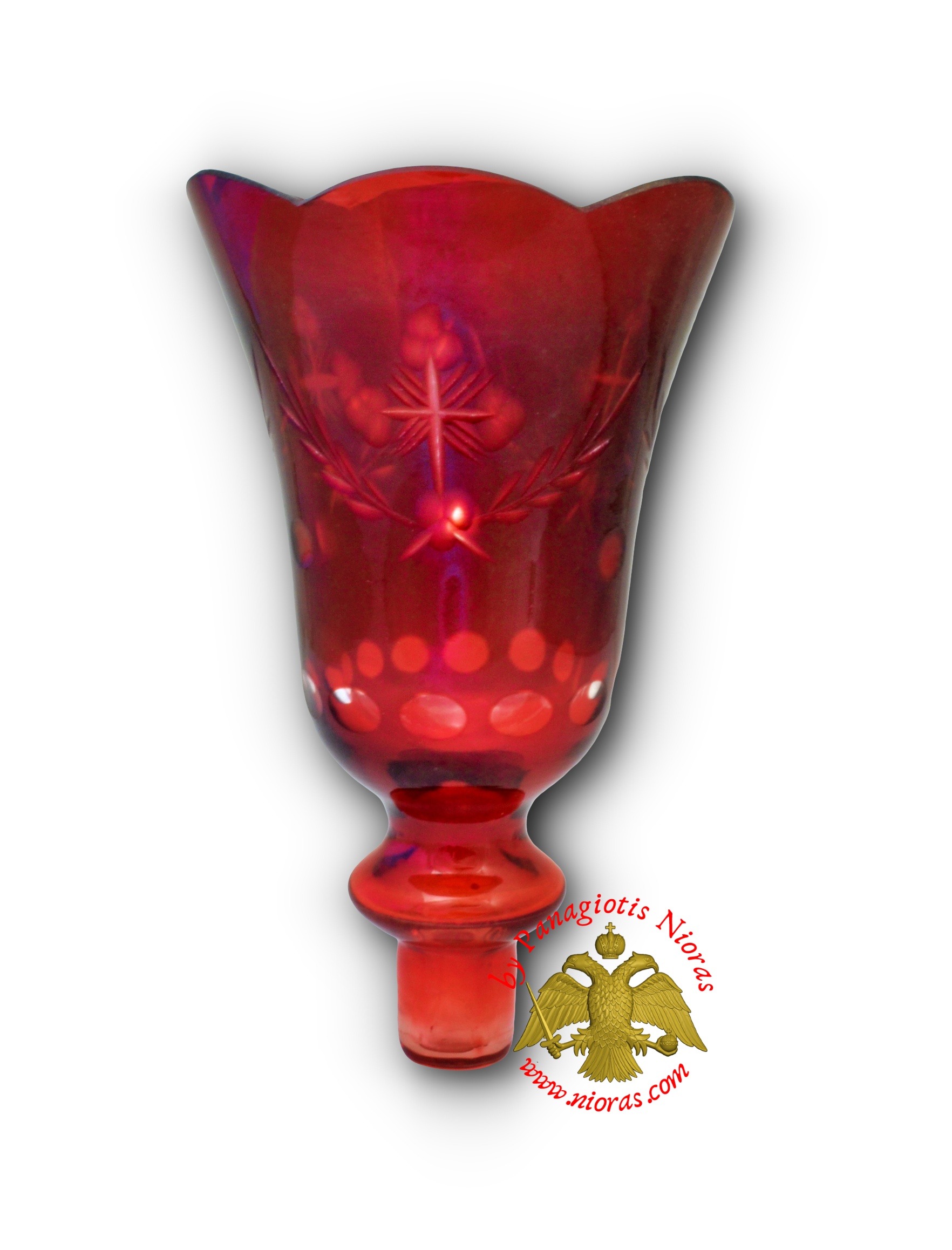 Louserna Orthodox Carved Cross Glass Votive Cup with Poll - Red Colour H:16.5cm