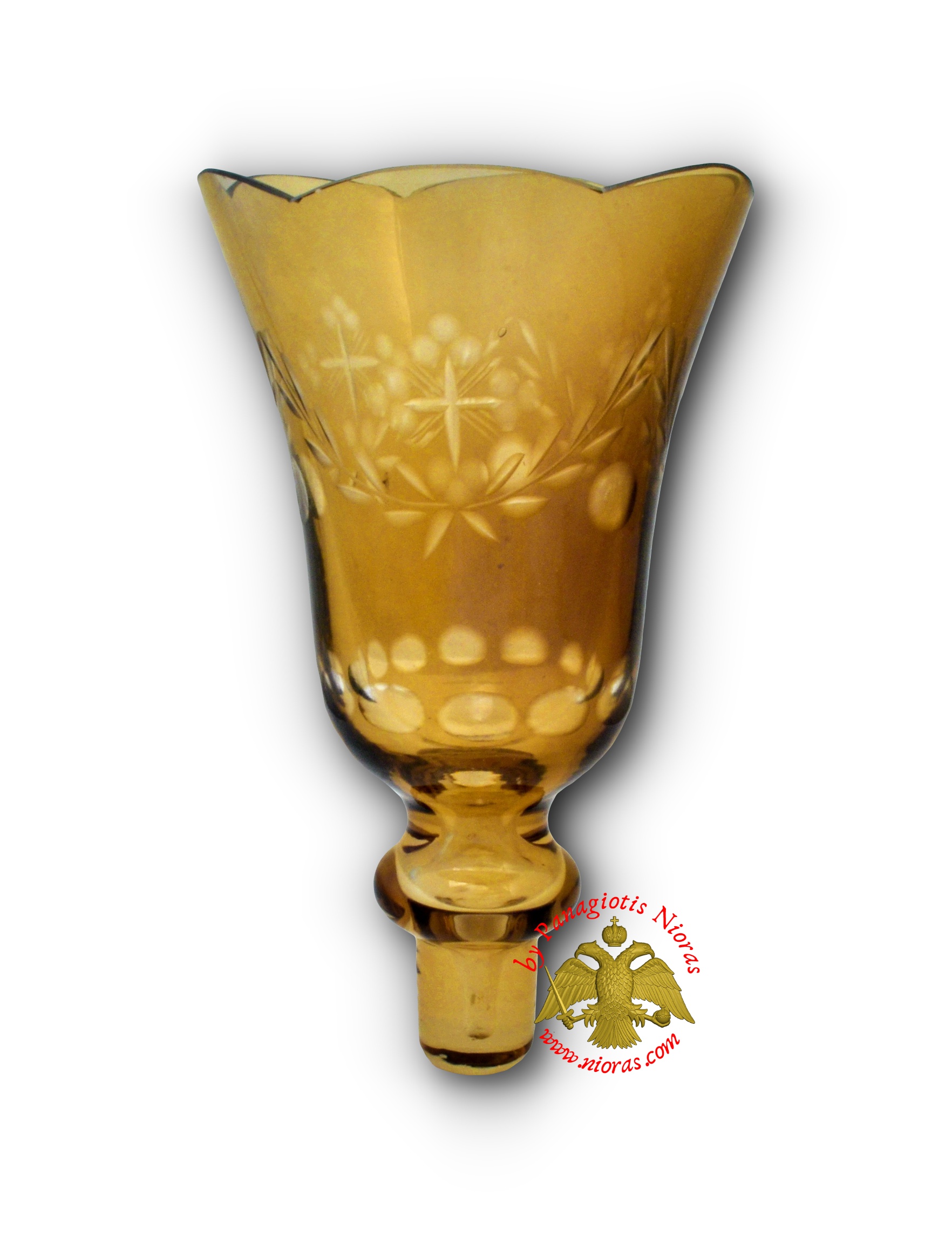 Louserna Orthodox Carved Cross Glass Votive Cup with Poll - Amber Colour H:16.5cm