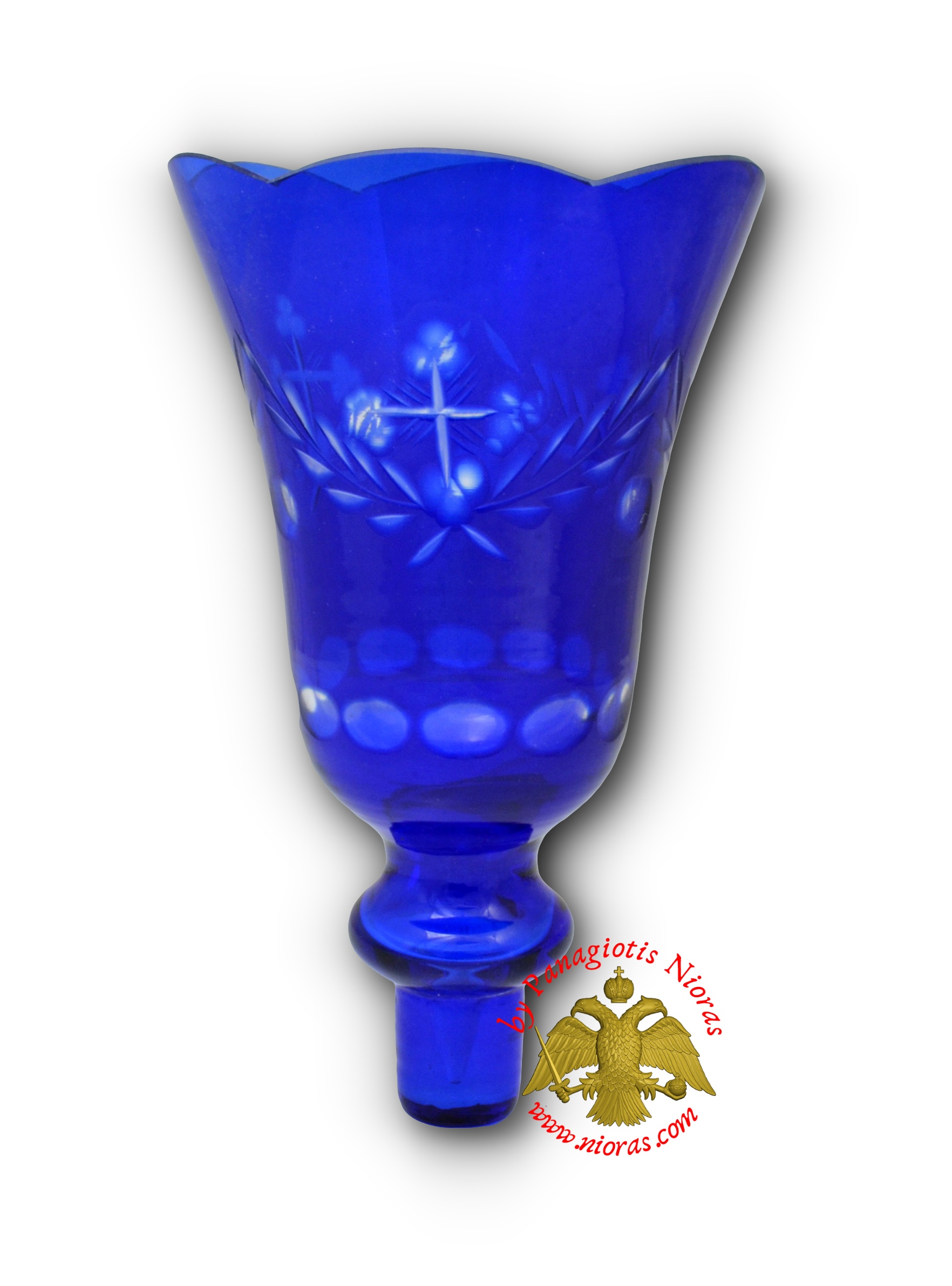 Louserna Orthodox Carved Cross Glass Votive Cup with Poll - Blue Colour H:16.5cm