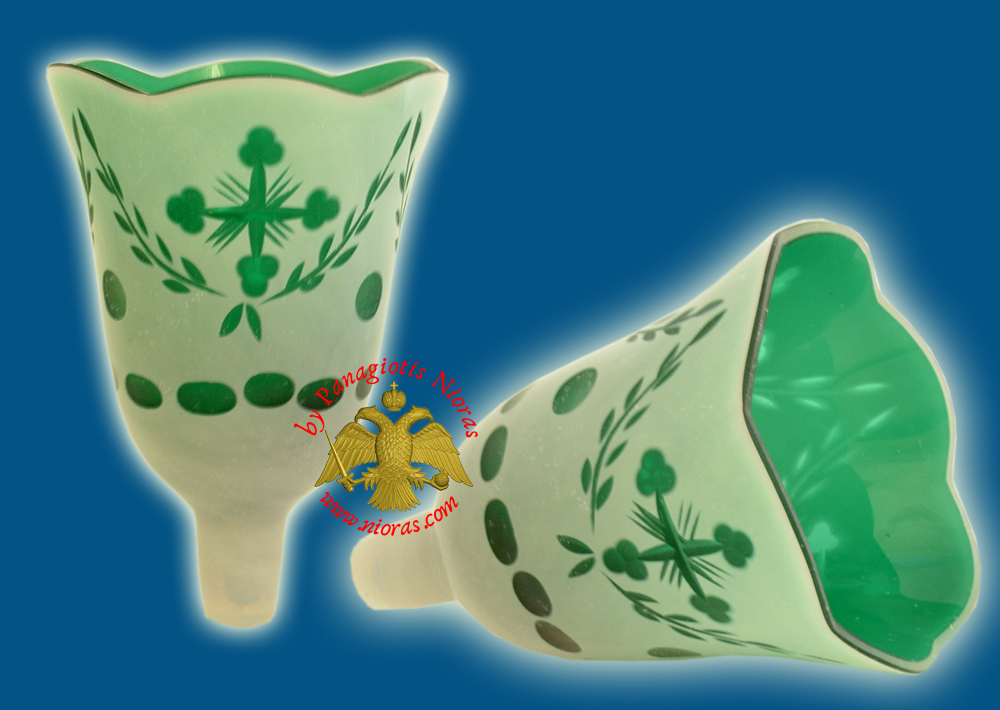 Louserna Orthodox Carved Cross Glass Votive Cup with Poll - White Green Colour H:14cm