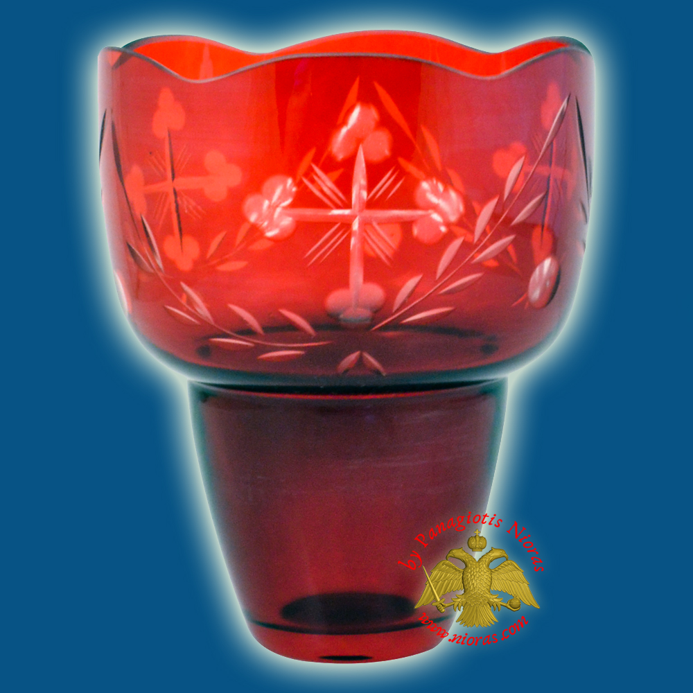 Romanian Orthodox Hand Carved with Crosses Votive Glass Cup Red