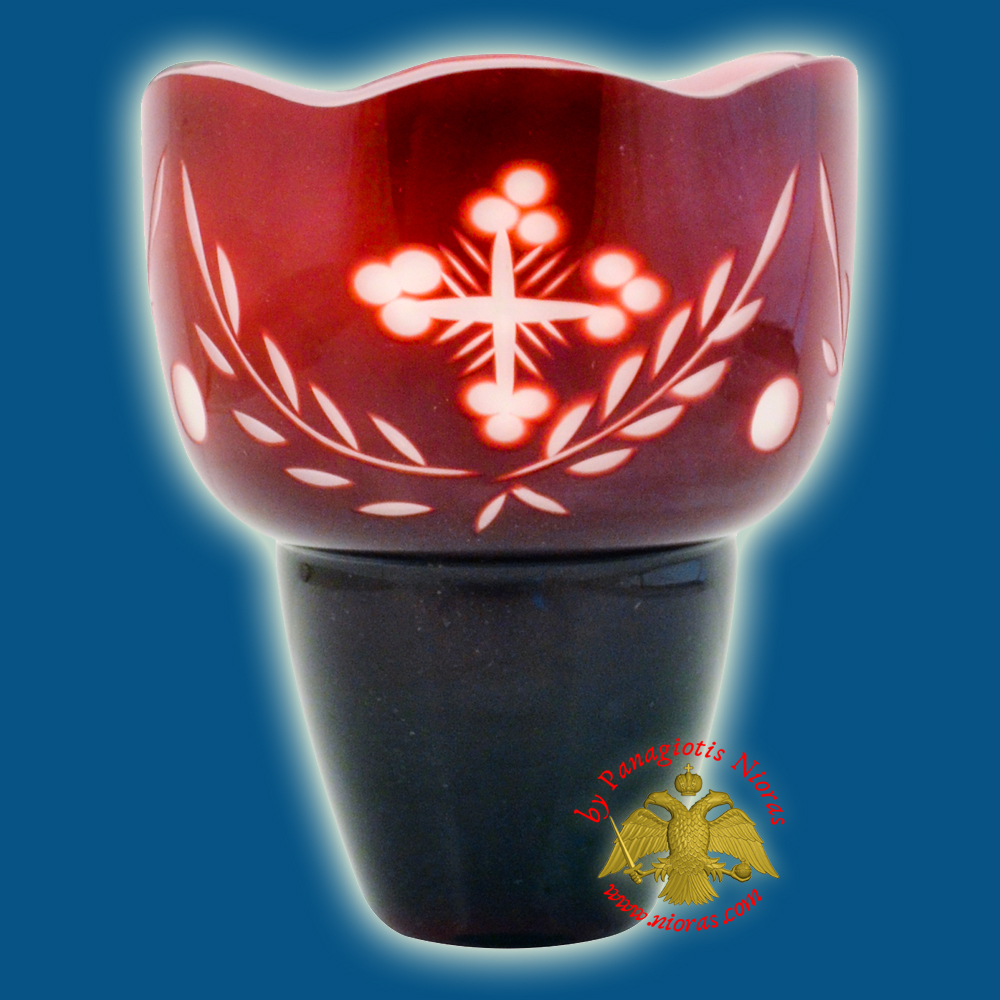 Romanian Orthodox Hand Carved with Crosses Votive Glass Cup Red with White Inner