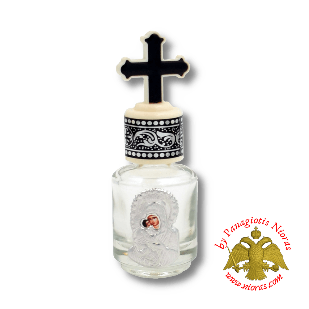 Holy Water or Holy Oil Bottle Small Cylinder with Theotokos Icon and Cross (Set of 4)