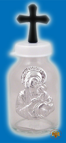 Holy Water or Holy Oil Bottle Small Cylinder with Holy Metal Theotokos Icon and Cross in the Lid