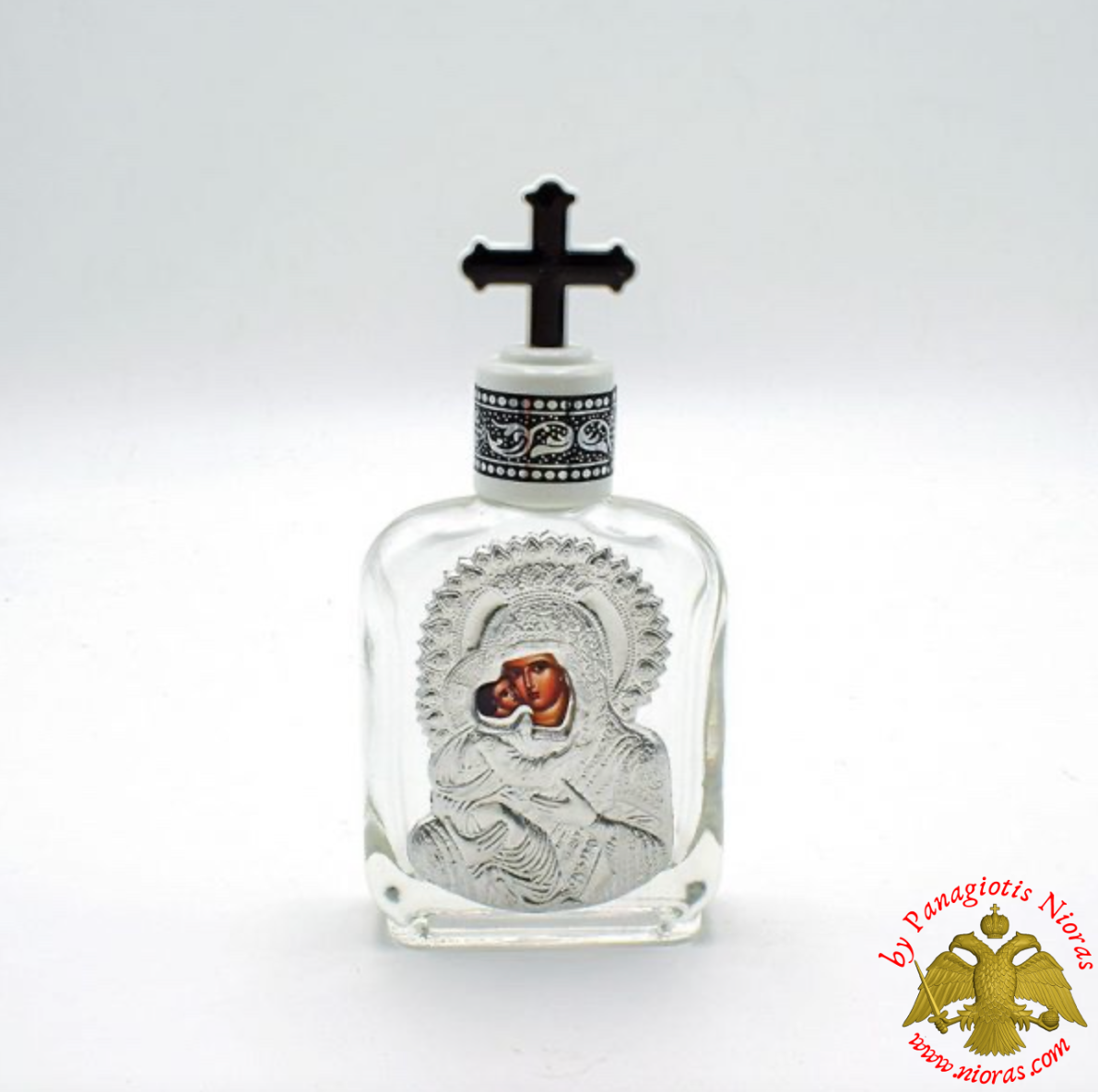 Holy Water or Holy Oil Bottle Rectangular with Holy Theotokos Icon and Cross in the Lid