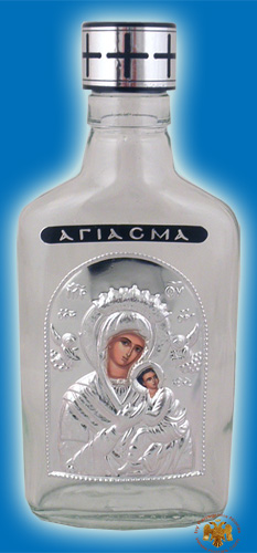 Holy Water or Holy Oil Bottle Clear with Holy Metal Theotokos Icon