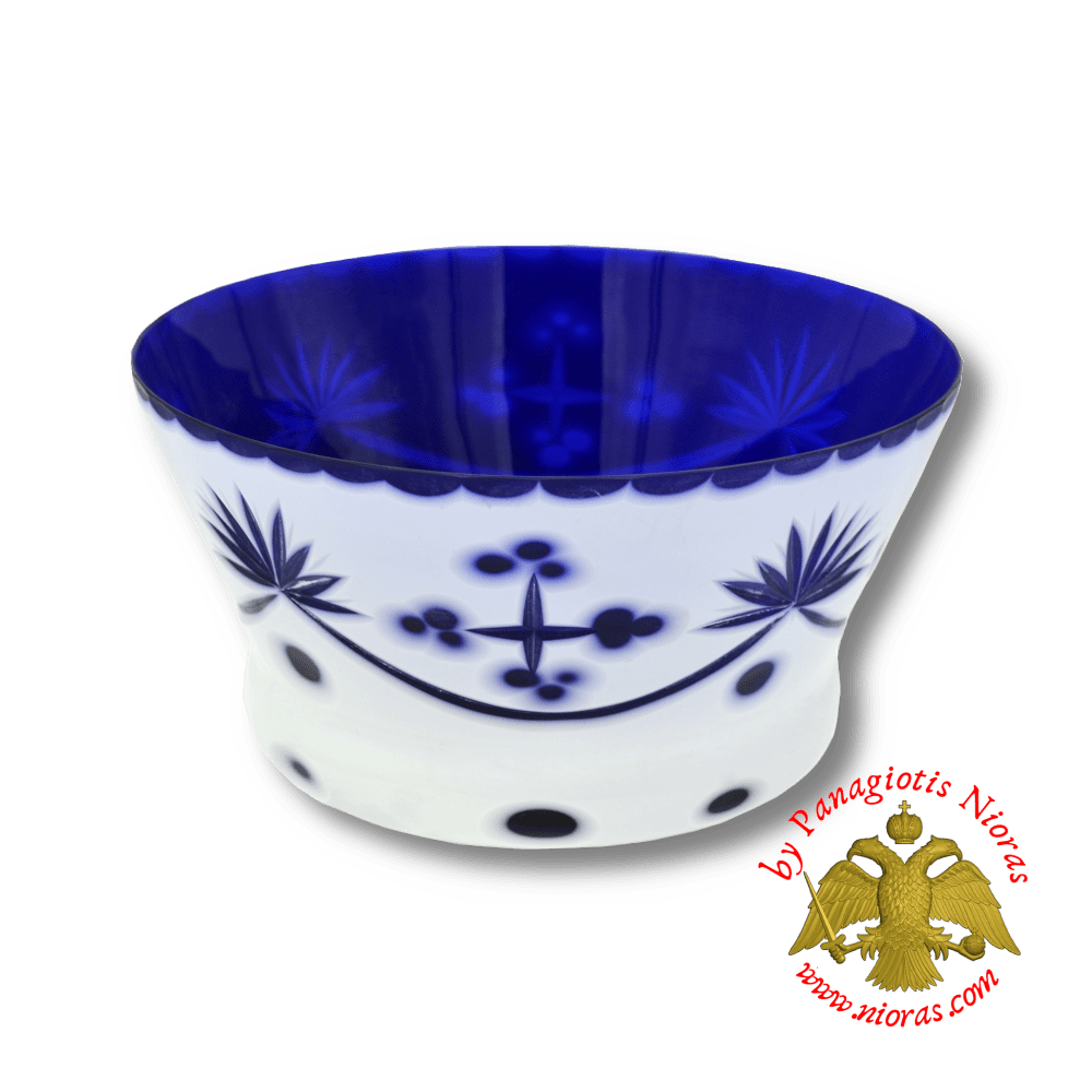 Orthodox Holy Water Bowl Cross Carved Glass in Blue White Colour Made in Romania