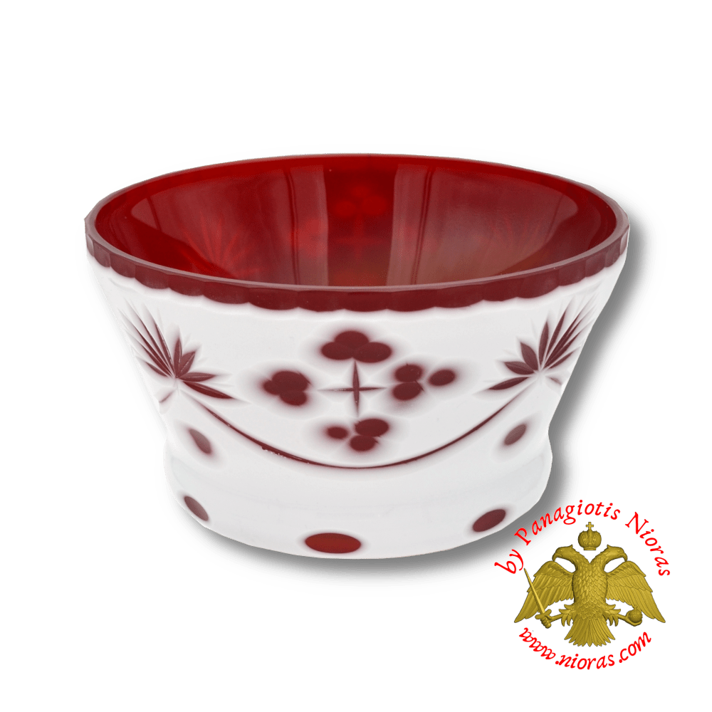 Orthodox Holy Water Bowl Cross Carved Glass in Red White Colour Made in Romania