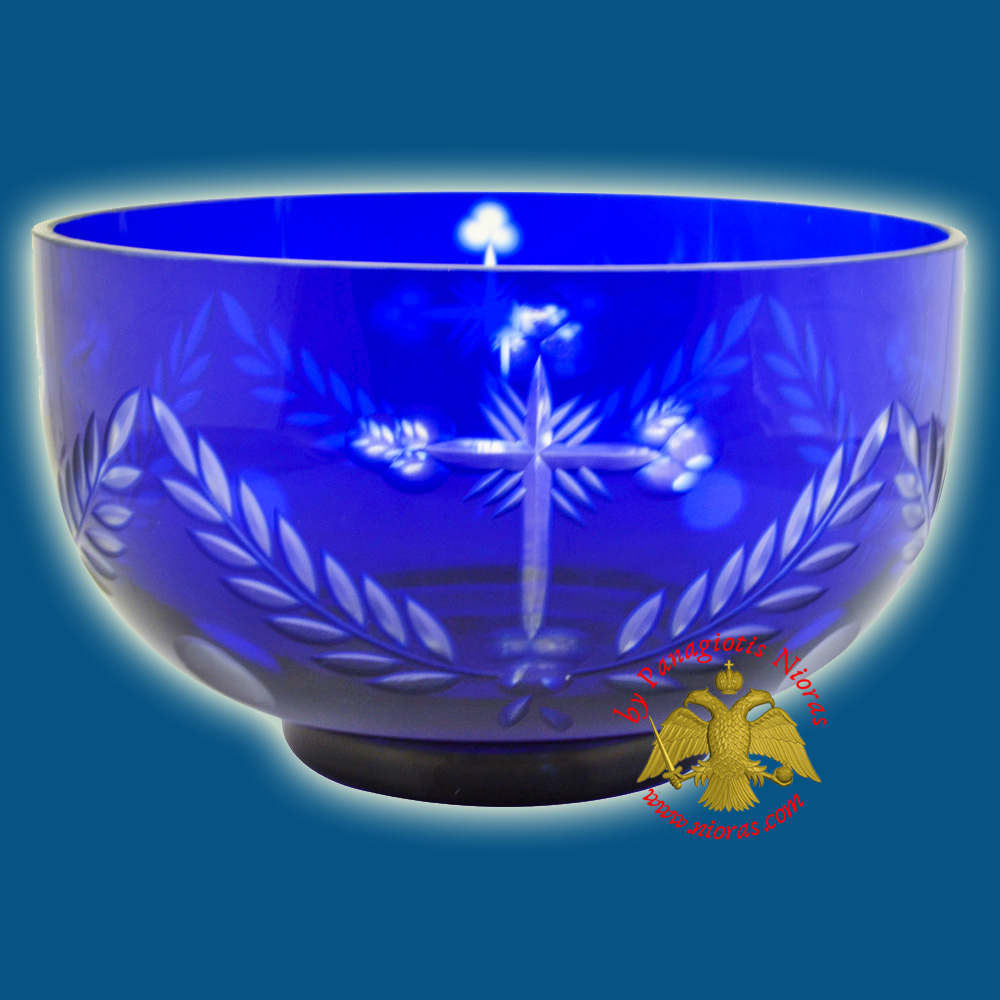 Orthodox Holy Water Bowl Cross Carved Glass in Blue Clear Colour Made in Romania