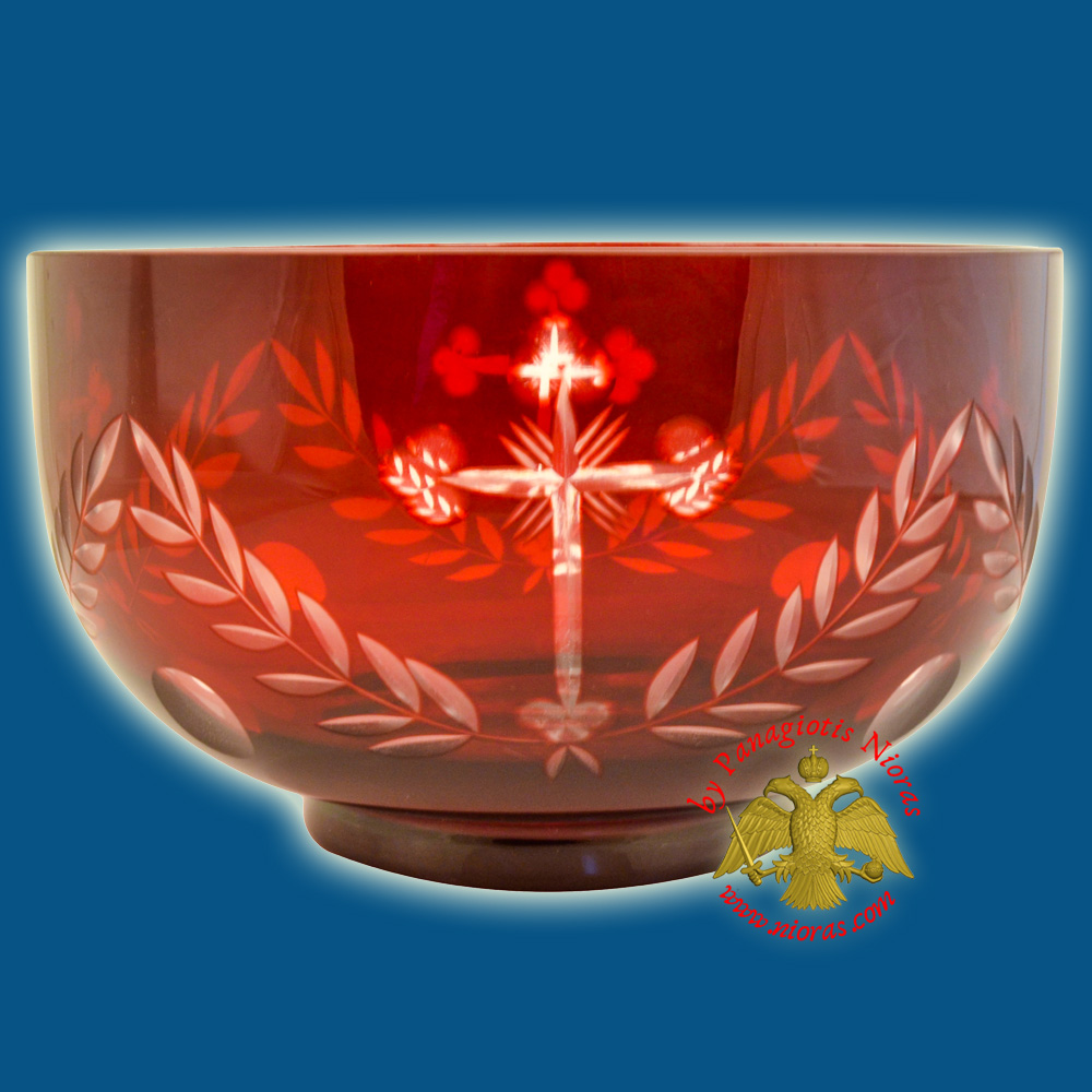 Orthodox Holy Water Bowl Cross Carved Glass in Red Clear Colour Made in Romania