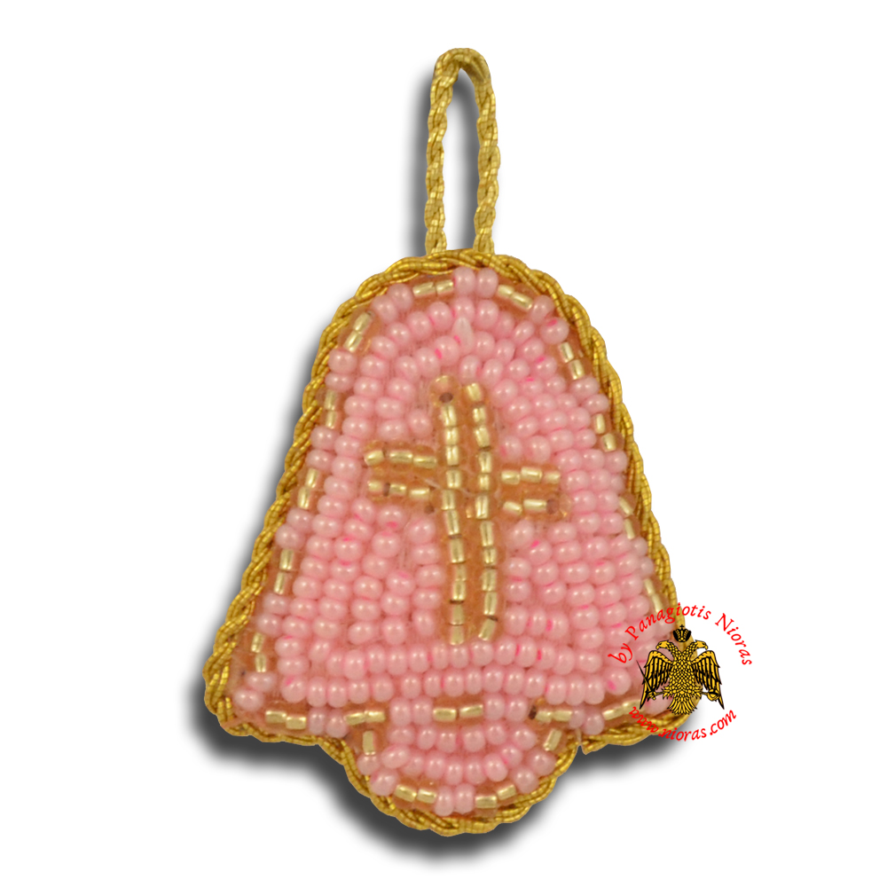 Orthodox Filakto Amulet Pendant Pink Bell with Gold Cross Beads