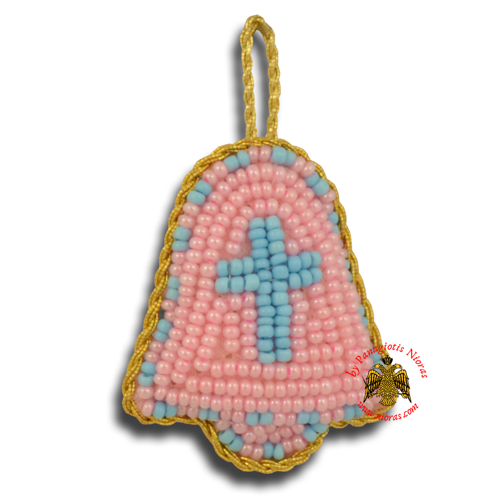 Orthodox Filakto Amulet Pendant Pink Bell with Light Blue Cross Beads