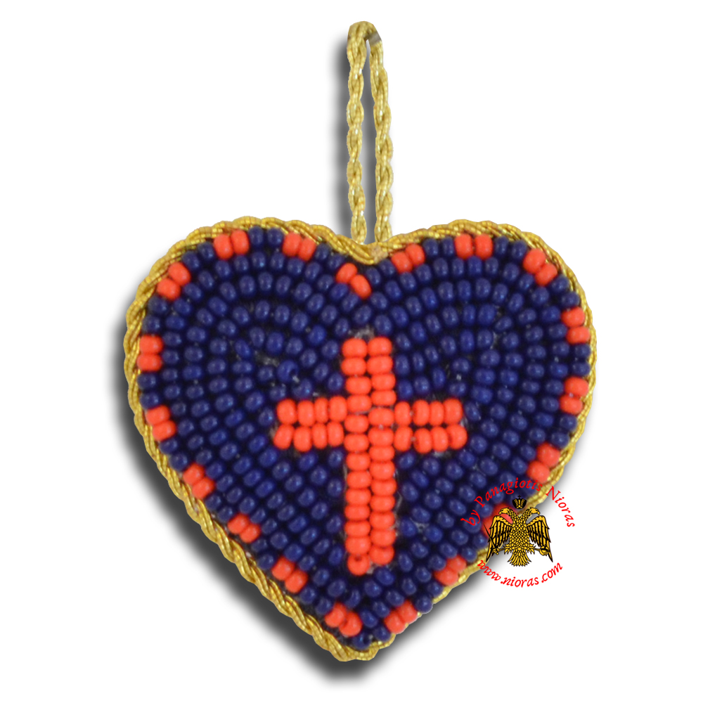 Orthodox Filakto Amulet Pendant Blue Heart with Light Orange Cross Beads