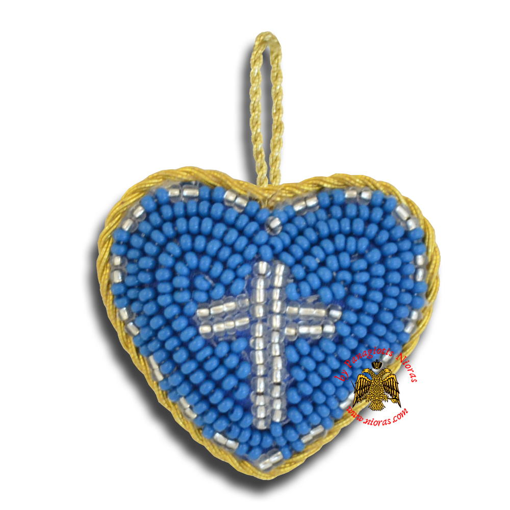 Orthodox Filakto Amulet Pendant Medium Blue Heart with Silver Cross Beads