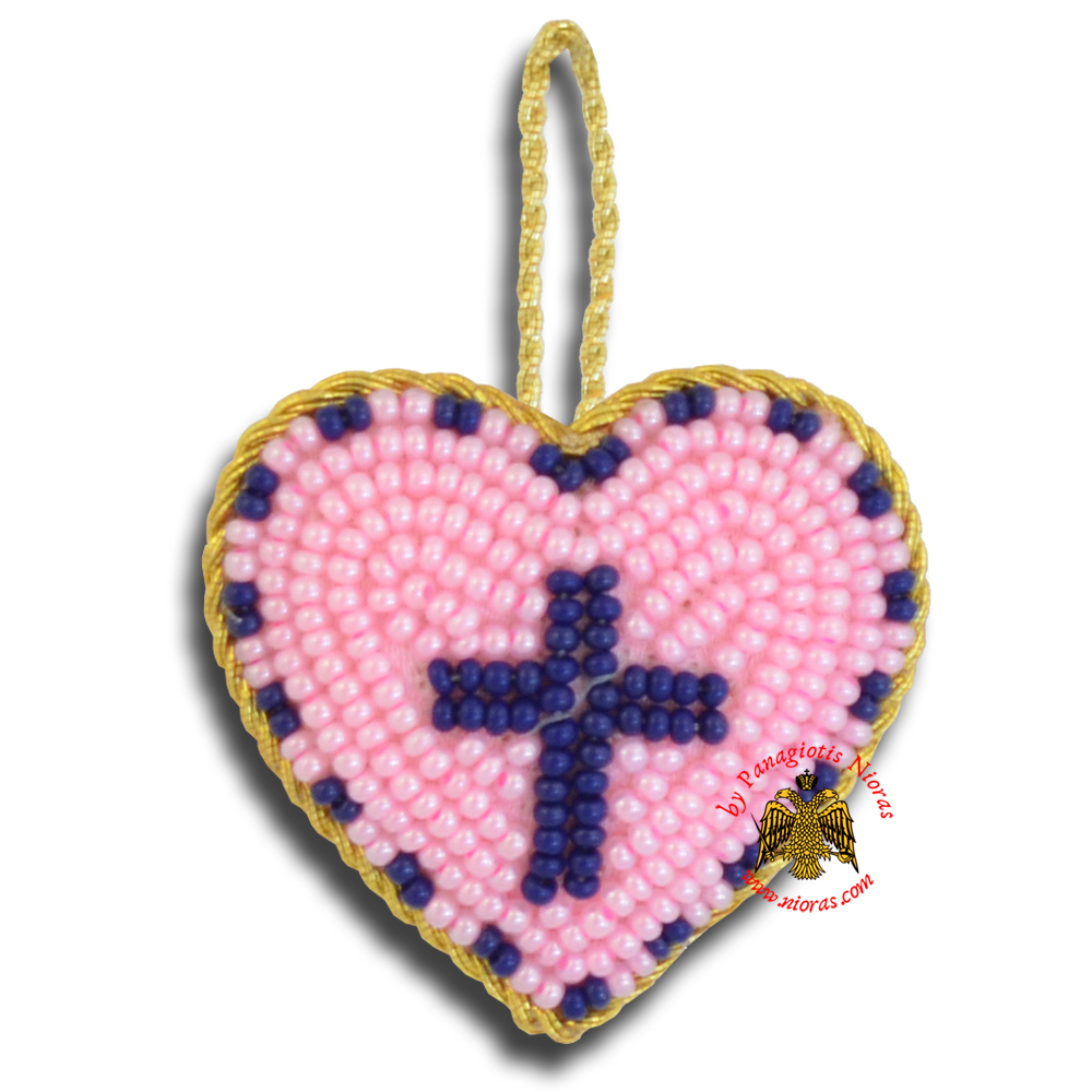 Orthodox Filakto Amulet Pendant Pink Heart with Blue Cross Beads