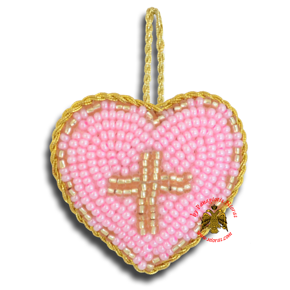 Orthodox Filakto Amulet Pendant Pink Heart with Gold Cross Beads