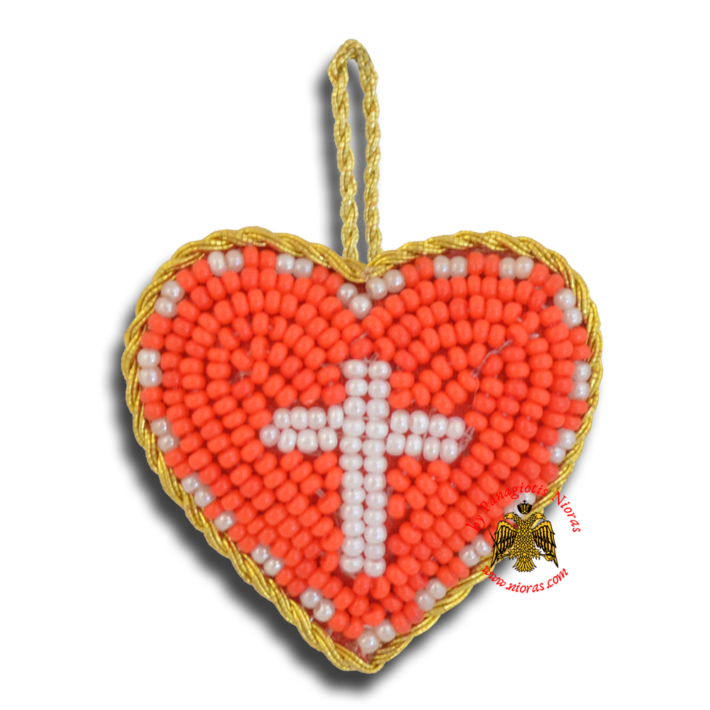 Orthodox Filakto Amulet Pendant Red Heart with White Cross Beads