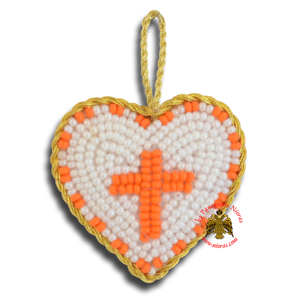 Orthodox Filakto Amulet Pendant White Heart with Orange Cross Beads