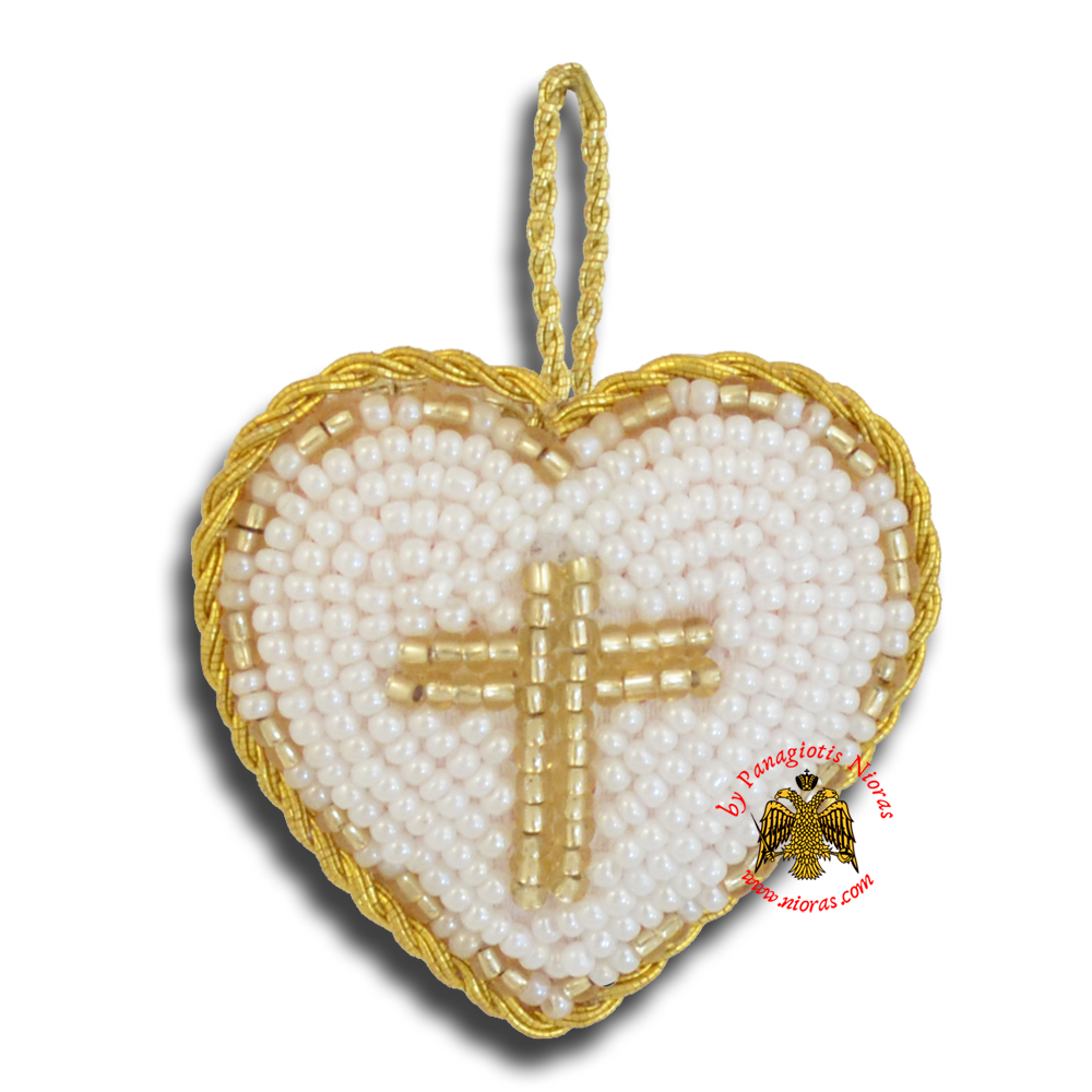 Orthodox Filakto Amulet Pendant White Heart with Gold Cross Beads
