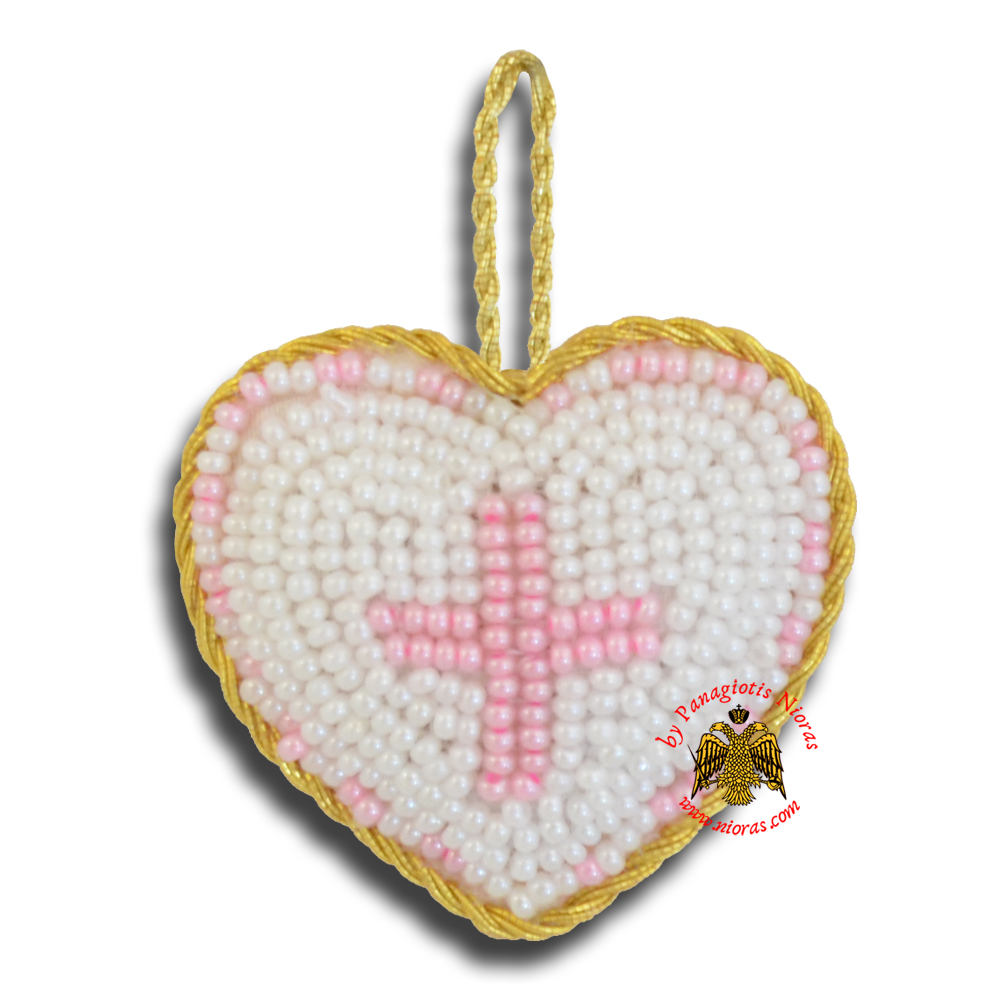 Orthodox Filakto Amulet Pendant White Heart with Pink Cross Beads