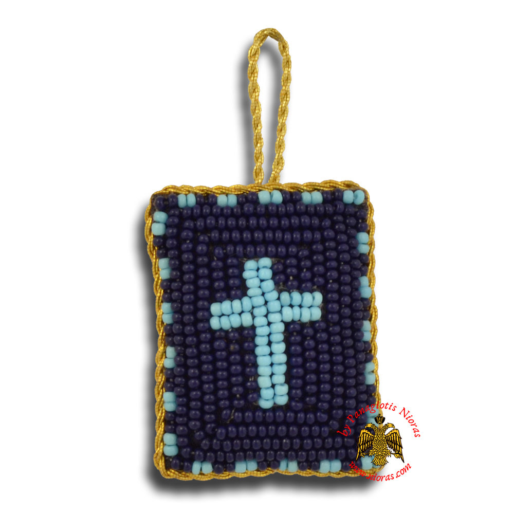 Orthodox Filakto Amulet Pendant Rectangular with Cross Beads Design Blue & Light Blue