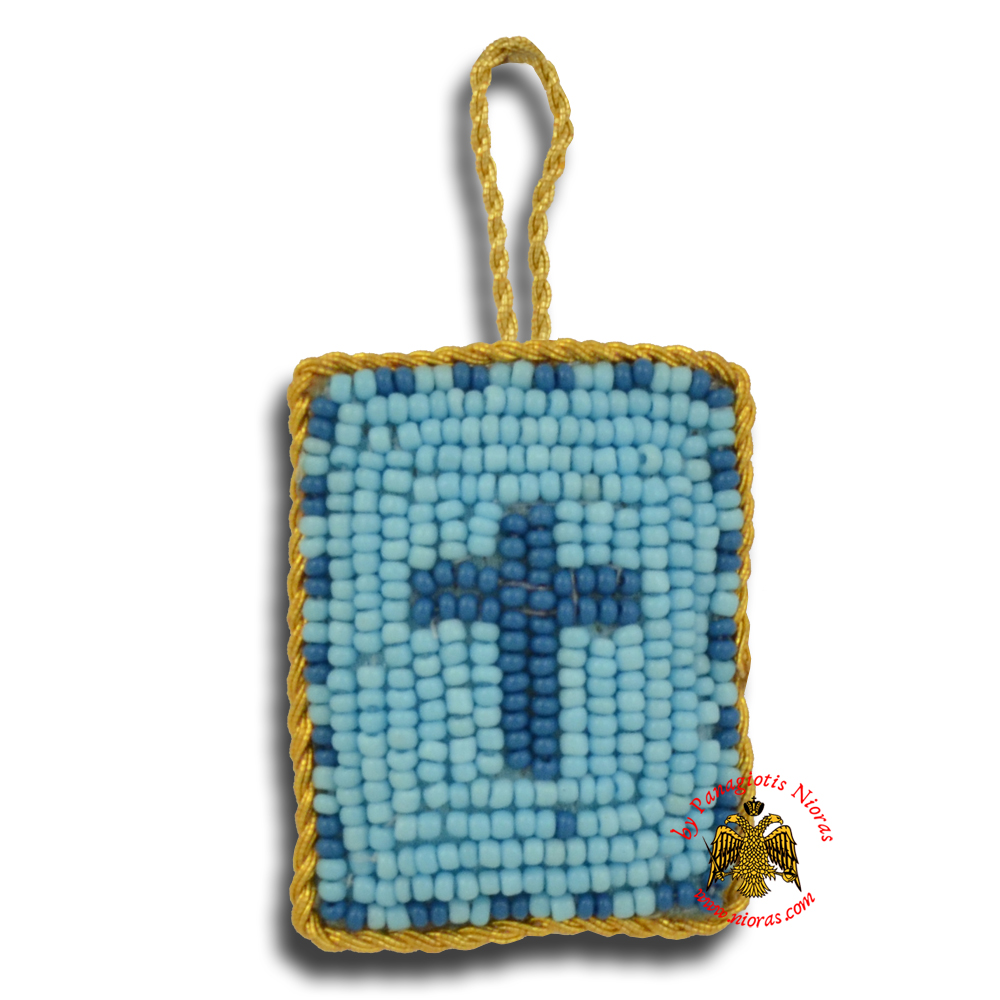 Orthodox Filakto Amulet Pendant Rectangular with Cross Beads Design Light Blue & Blue