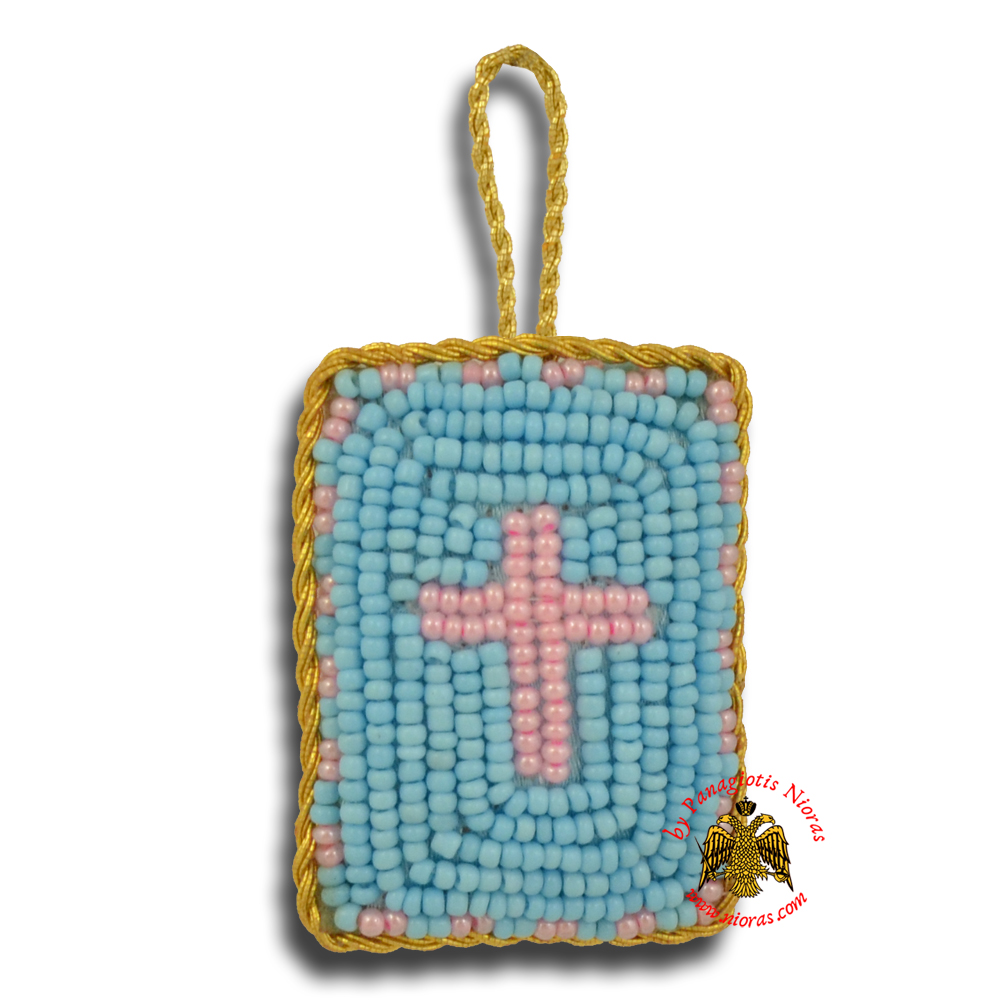 Orthodox Filakto Amulet Pendant Rectangular with Cross Beads Design Light Blue & Pink