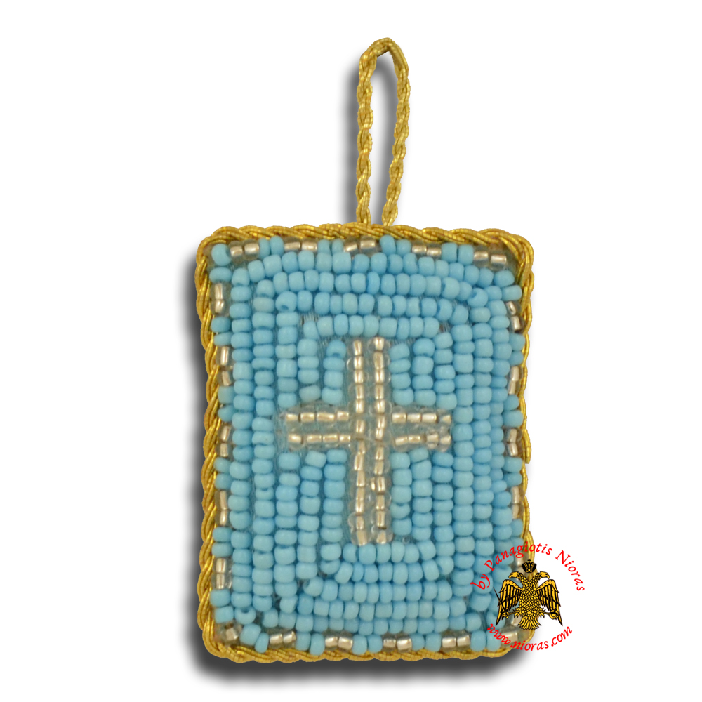 Orthodox Filakto Amulet Pendant Rectangular with Cross Beads Design Light Blue & Silver