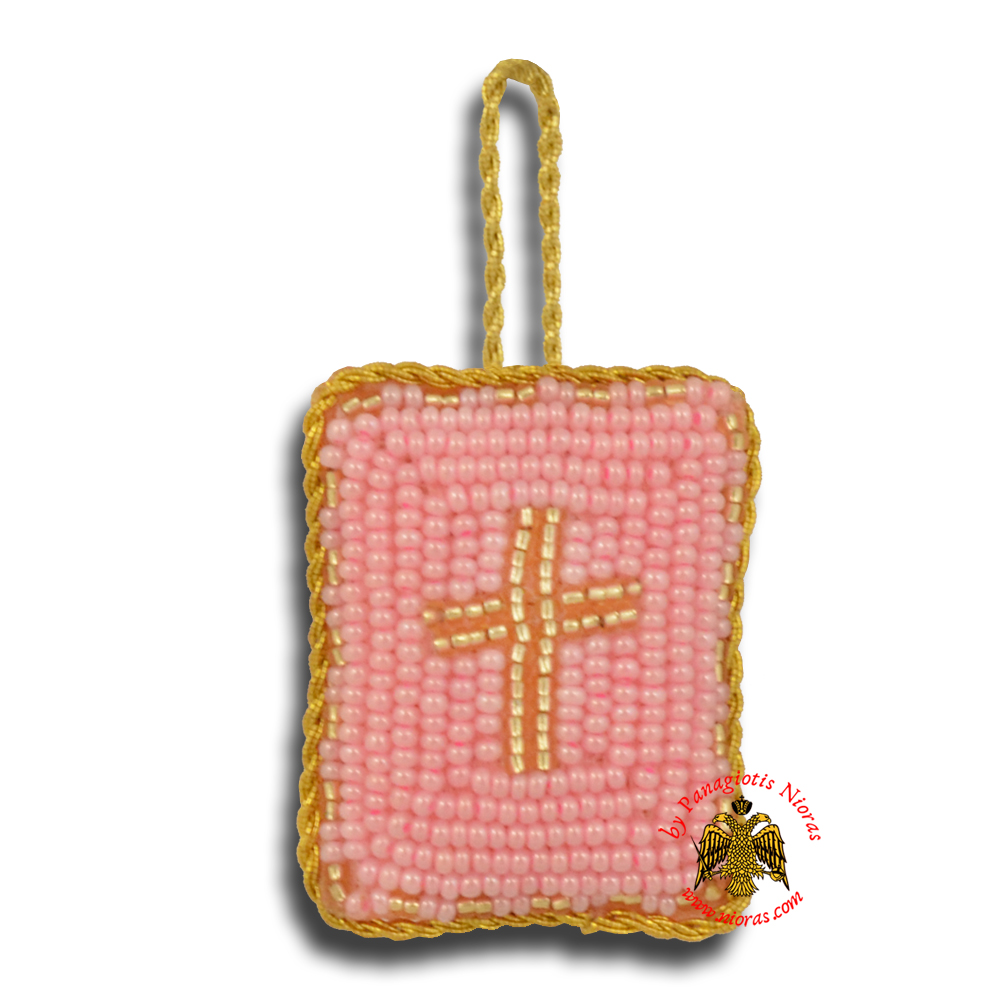 Orthodox Filakto Amulet Pendant Rectangular with Cross Beads Design Pink & Gold