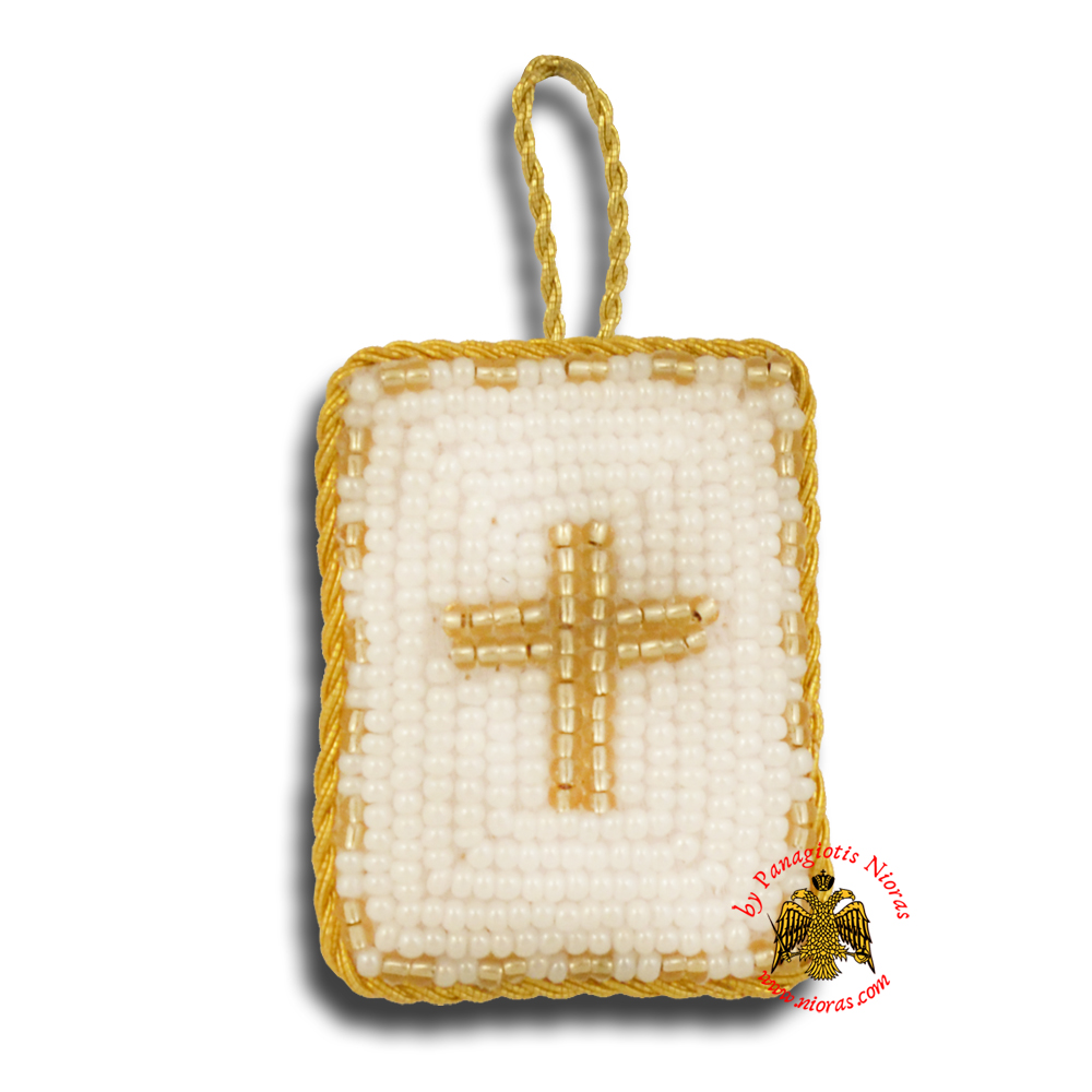 Orthodox Filakto Amulet Pendant Rectangular with Cross Beads Design White & Gold