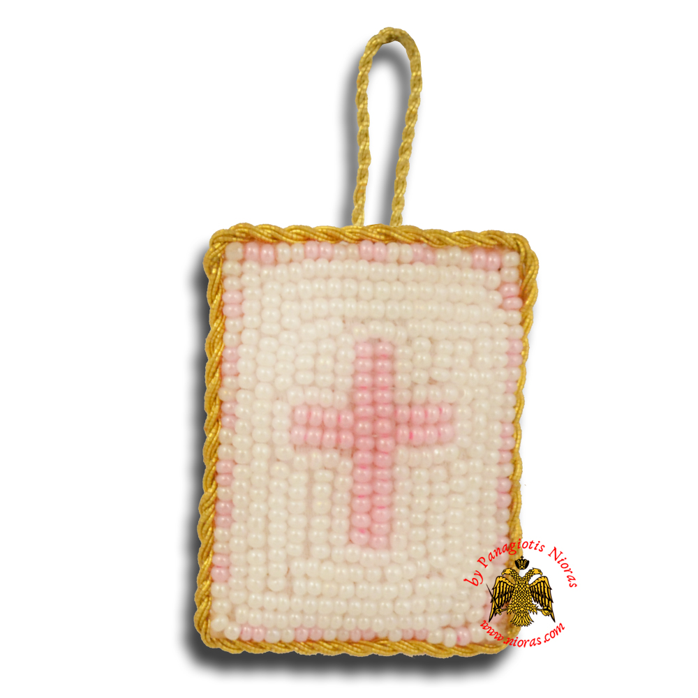 Orthodox Filakto Amulet Pendant Rectangular with Cross Beads Design White & Pink