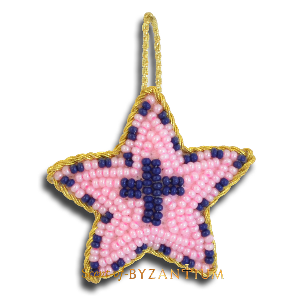 Orthodox Filakto Amulet Pendant Pink Star with Blue Cross Beads