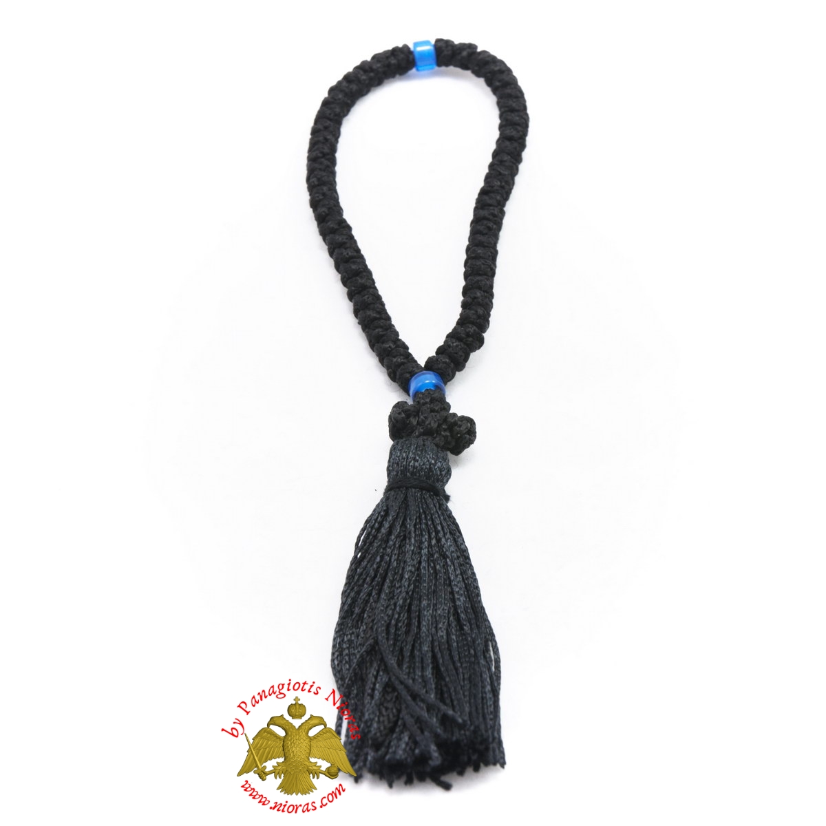 Orthodox Christian Black Prayer Rope 50 knots with Blue Beads