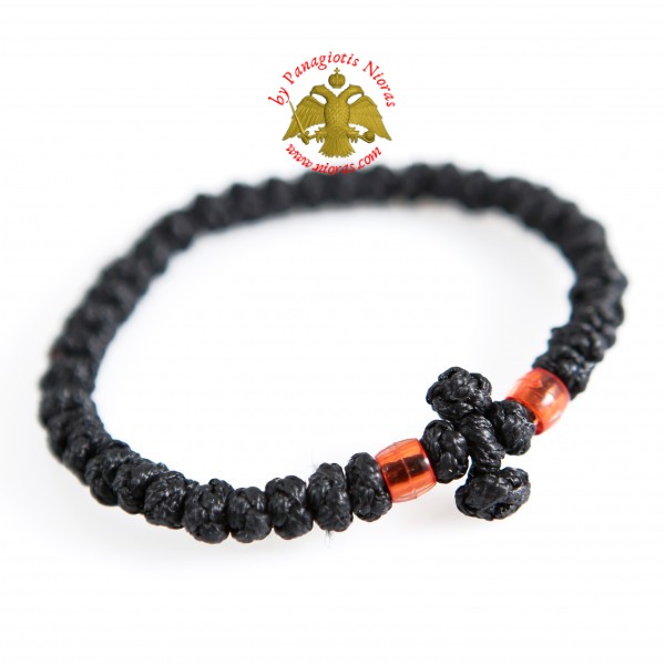 Orthodox Prayer Rope Waxed Black With Cross Red Stone