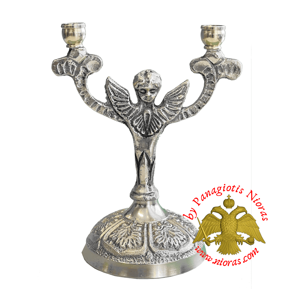 Double Brass Candle Holder Nickel Plated - Angel Design Candlestick for Home Altar
