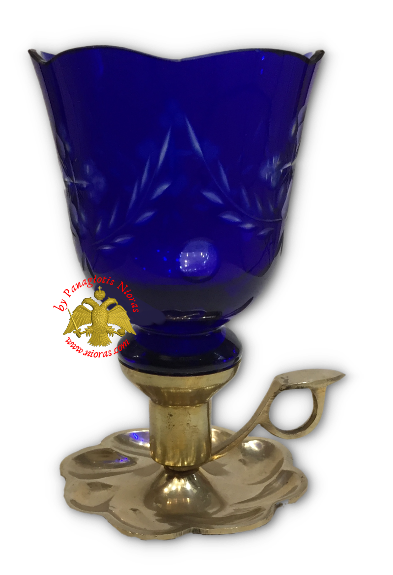 Traditional Single Candle Stand with Plate and Handle Brass Polished With Orthodox Vigil Oil Cup Blue