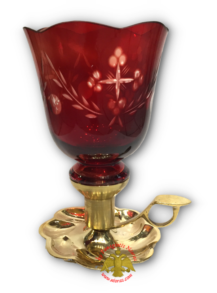Traditional Single Candle Stand with Plate and Handle Brass Polished With Orthodox Vigil Oil Cup Red