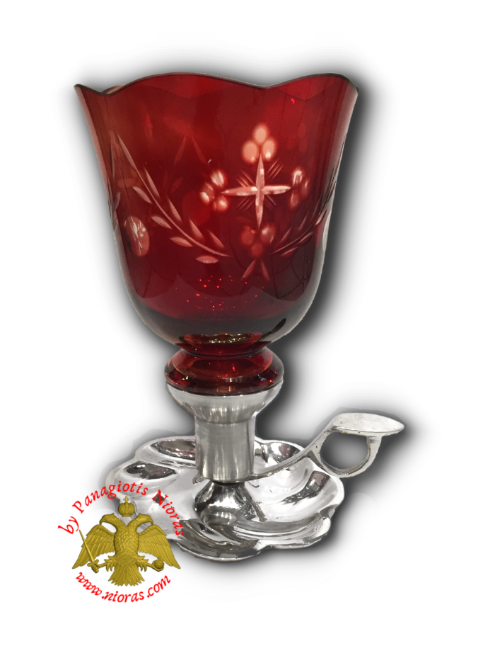 Traditional Single Candle Stand with Plate and Handle Nickel Polished With Orthodox Vigil Oil Cup Red