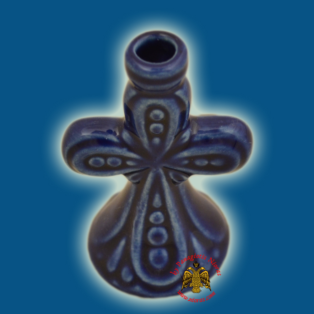 Candle Holder Orhtodox Cross Colored Ceramic Blue 7cm