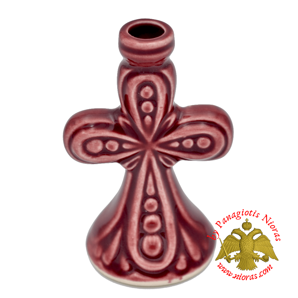 Candle Holder Orhtodox Cross Colored Ceramic Red 7cm