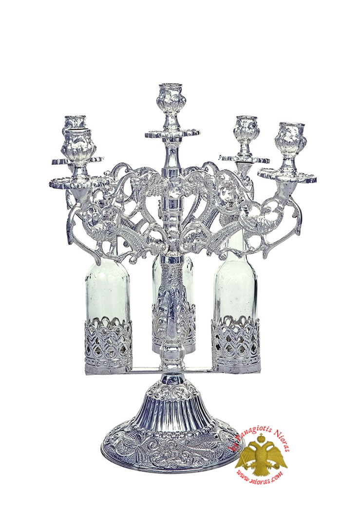 Orthodox Consecration Five Candles Stand with 3 Glass Bottles 30cm Nickel Plated