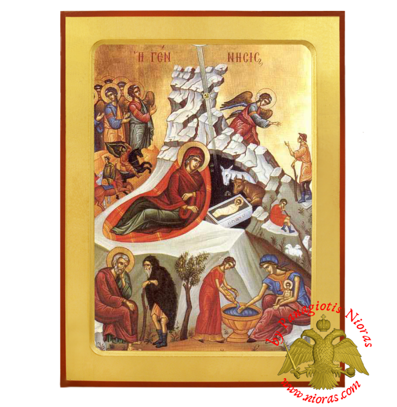The Nativity of Christ Byzantine Wooden Icon Copy from Nun Kassiani