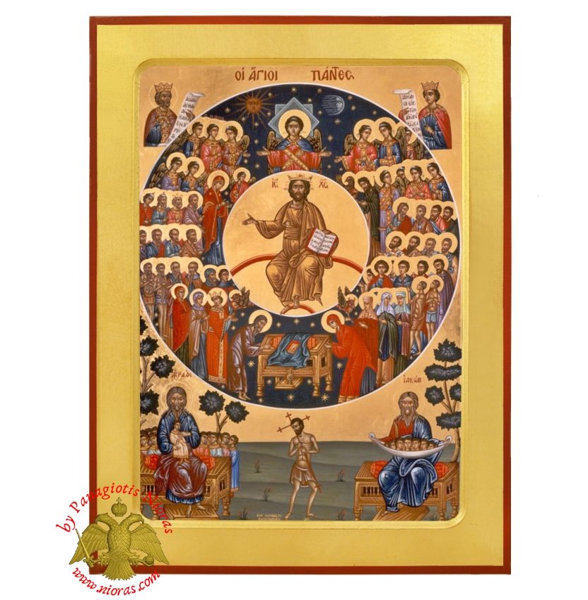 All Saints Divine Chorus Byzantine Wooden Icon Original Theme from Mount Athos