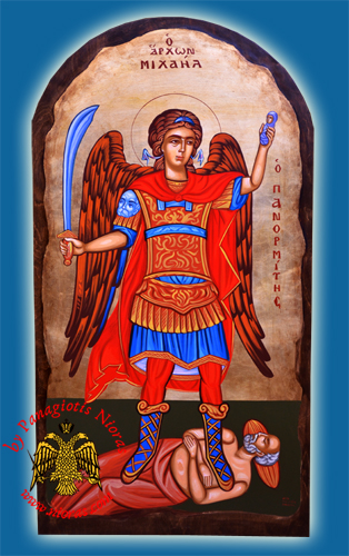 Hand Painted Icon Antique Style Finishing on the Wood of Archangel Michael Panormitis