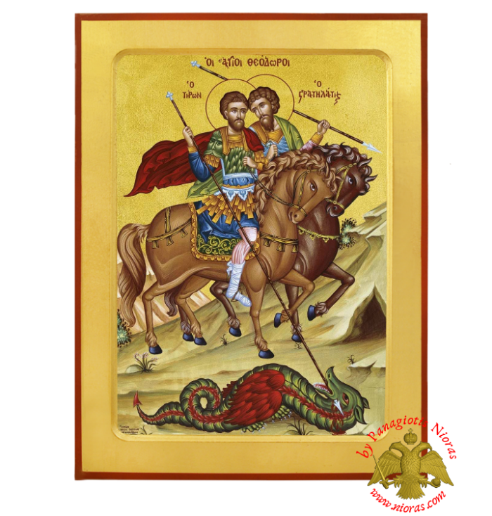 Orthodox Wooden Byzantine Icon Theodores Tiro and Stratelates on Horse Back