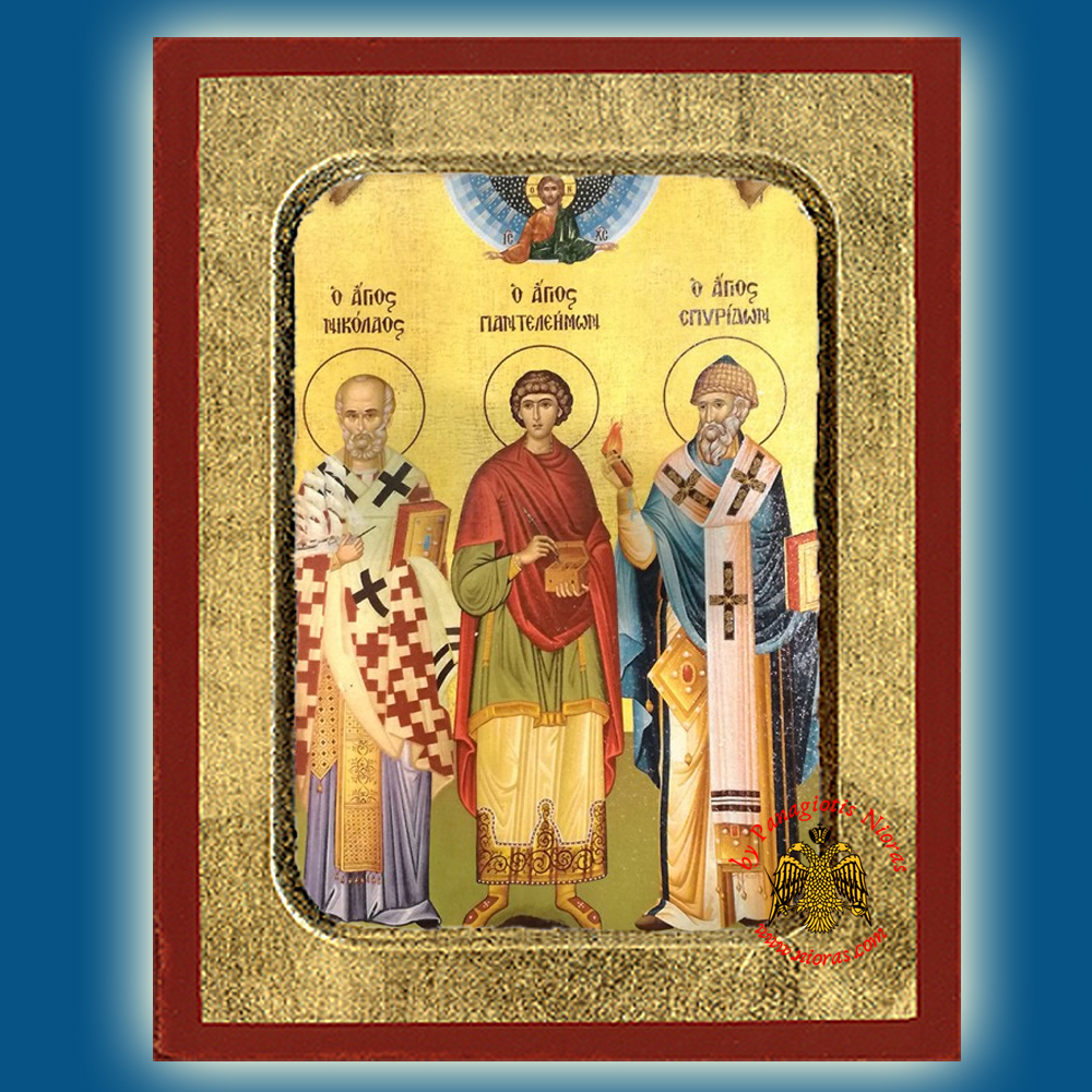 Saints Nicholas Panteleimon Spyridon Byzantine Wooden Icon